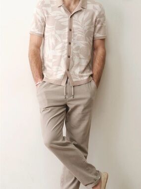 BNWOT Marine Layer Ethan Resort Sweater Tan Short Sleeve Button Down Large $148